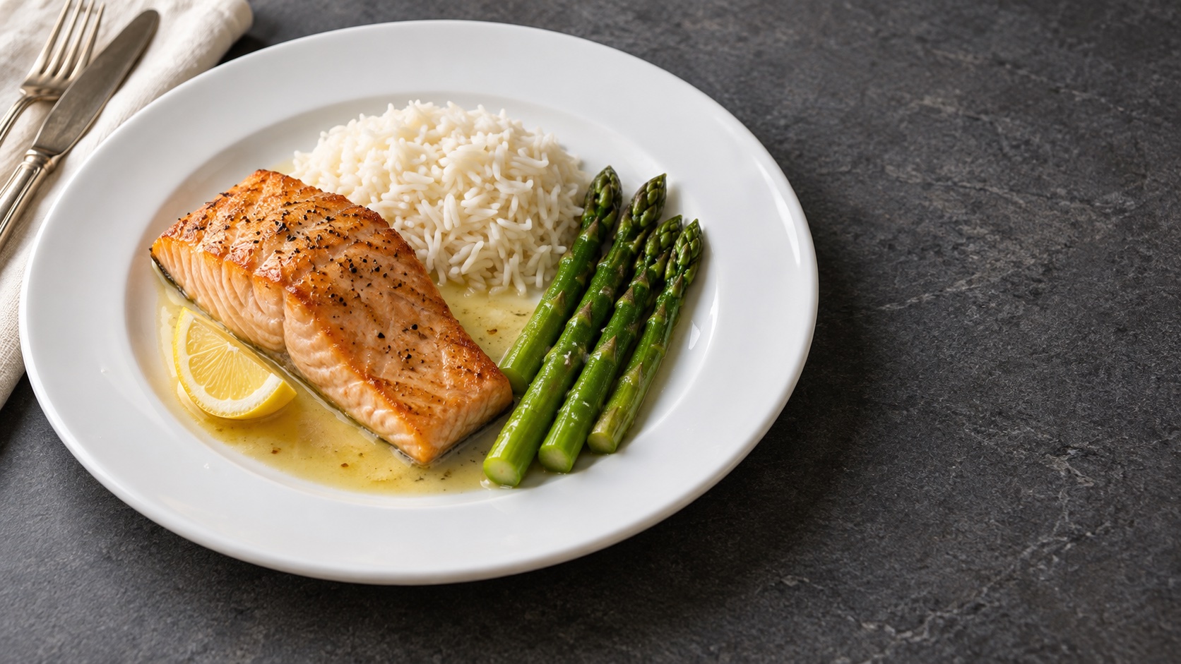 Salmon, rice, asparagus and lemon on a white glass plate.