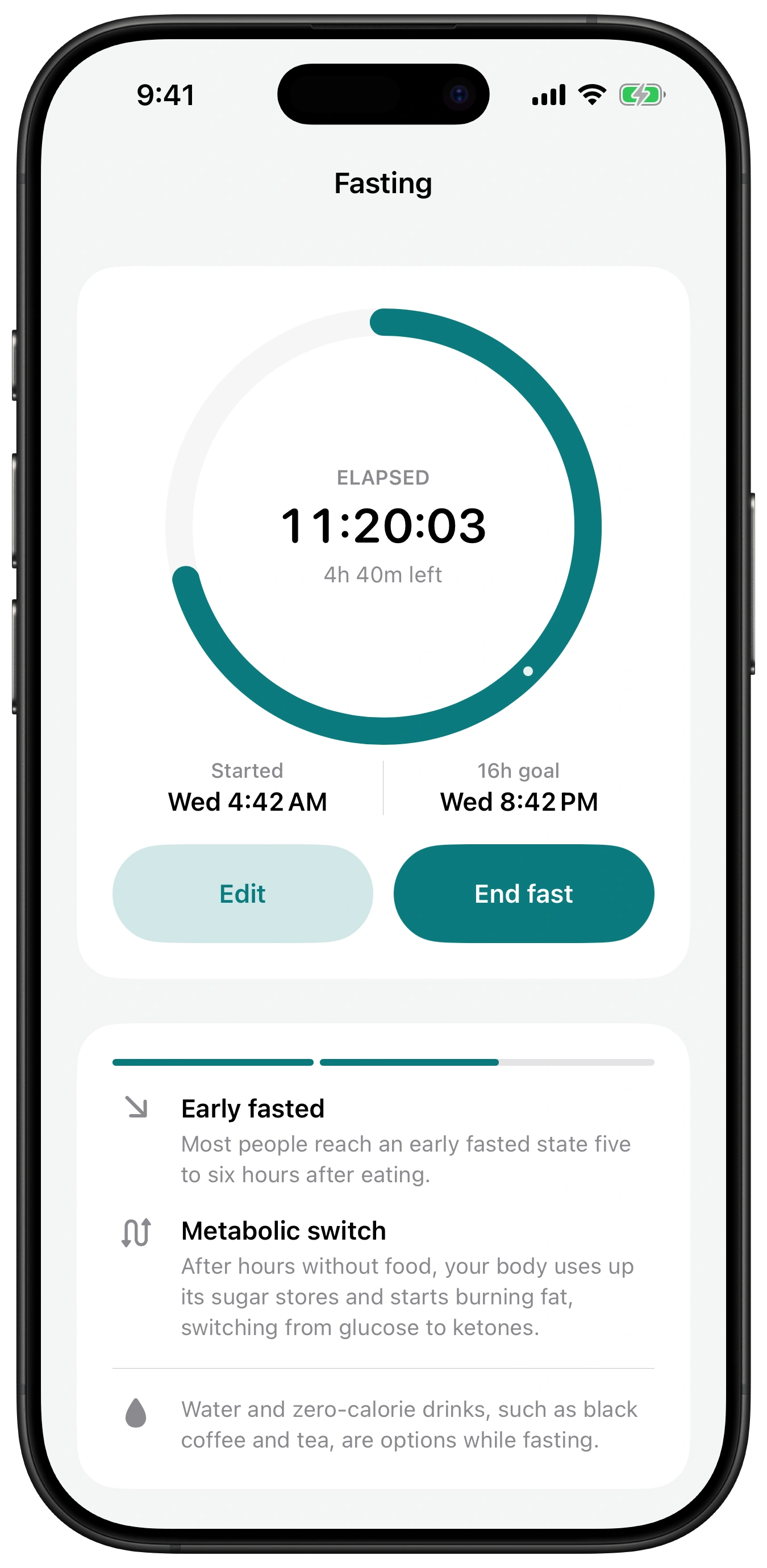 The Fasting page: 11 hours 20 minutes elapsed of a 16-hour goal, started Wednesday at 4:42 AM, with Edit and End fast, and notes on each stage of a fast.