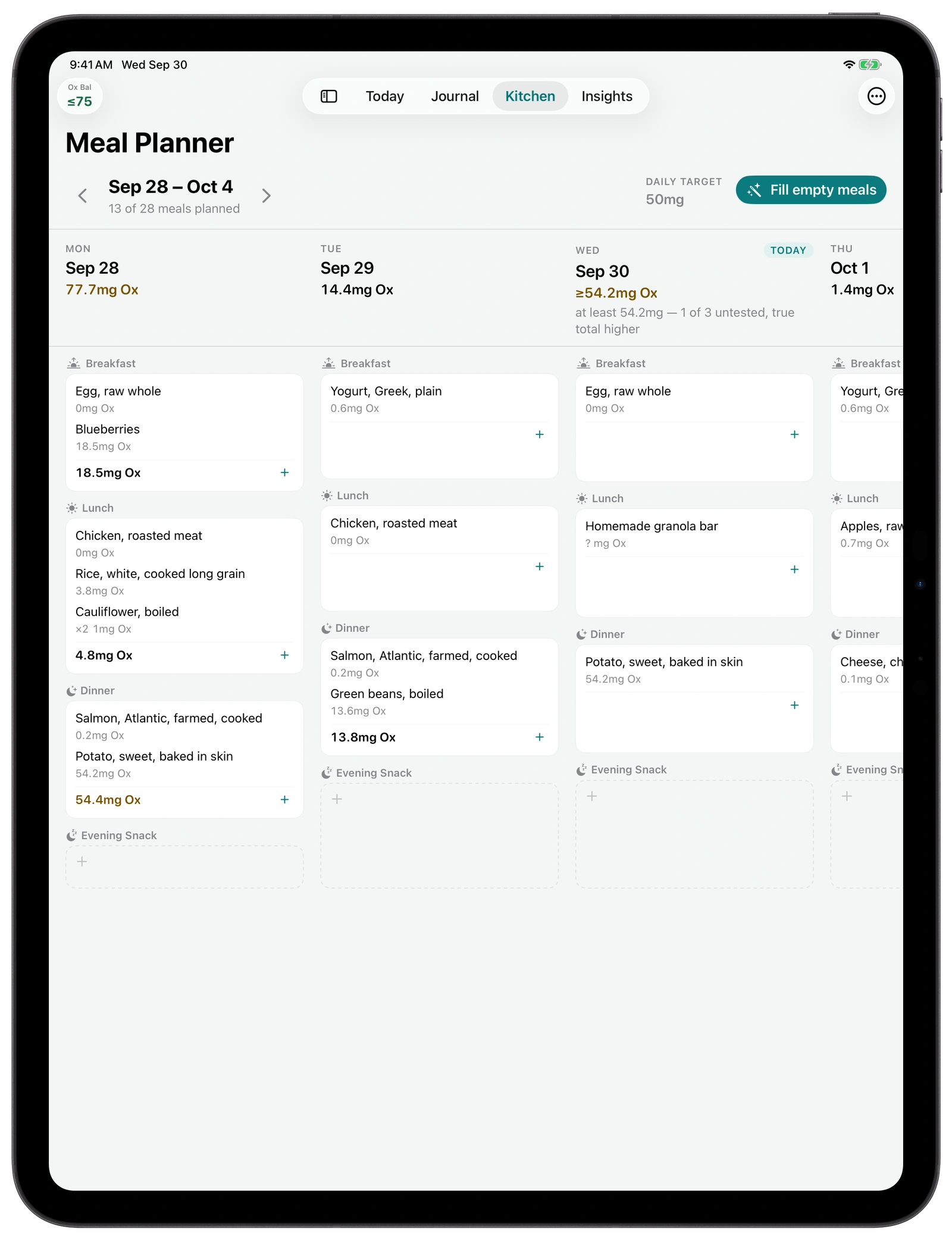 The meal planner on iPad: the week of Sep 28 to Oct 4 in columns, every meal with its oxalate figure, and a Fill empty meals button.