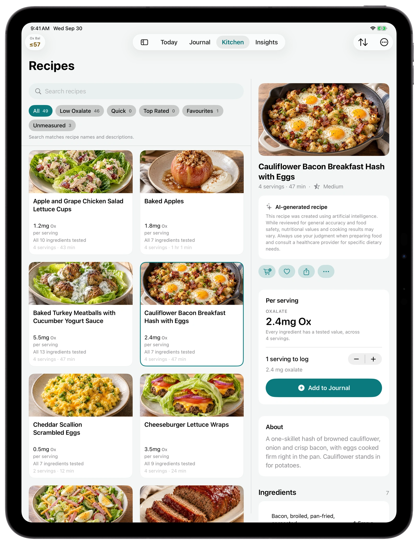 Recipes on iPad: a grid of recipe cards, each with its oxalate per serving, and Cauliflower Bacon Breakfast Hash with Eggs open beside it at 2.4 milligrams per serving.