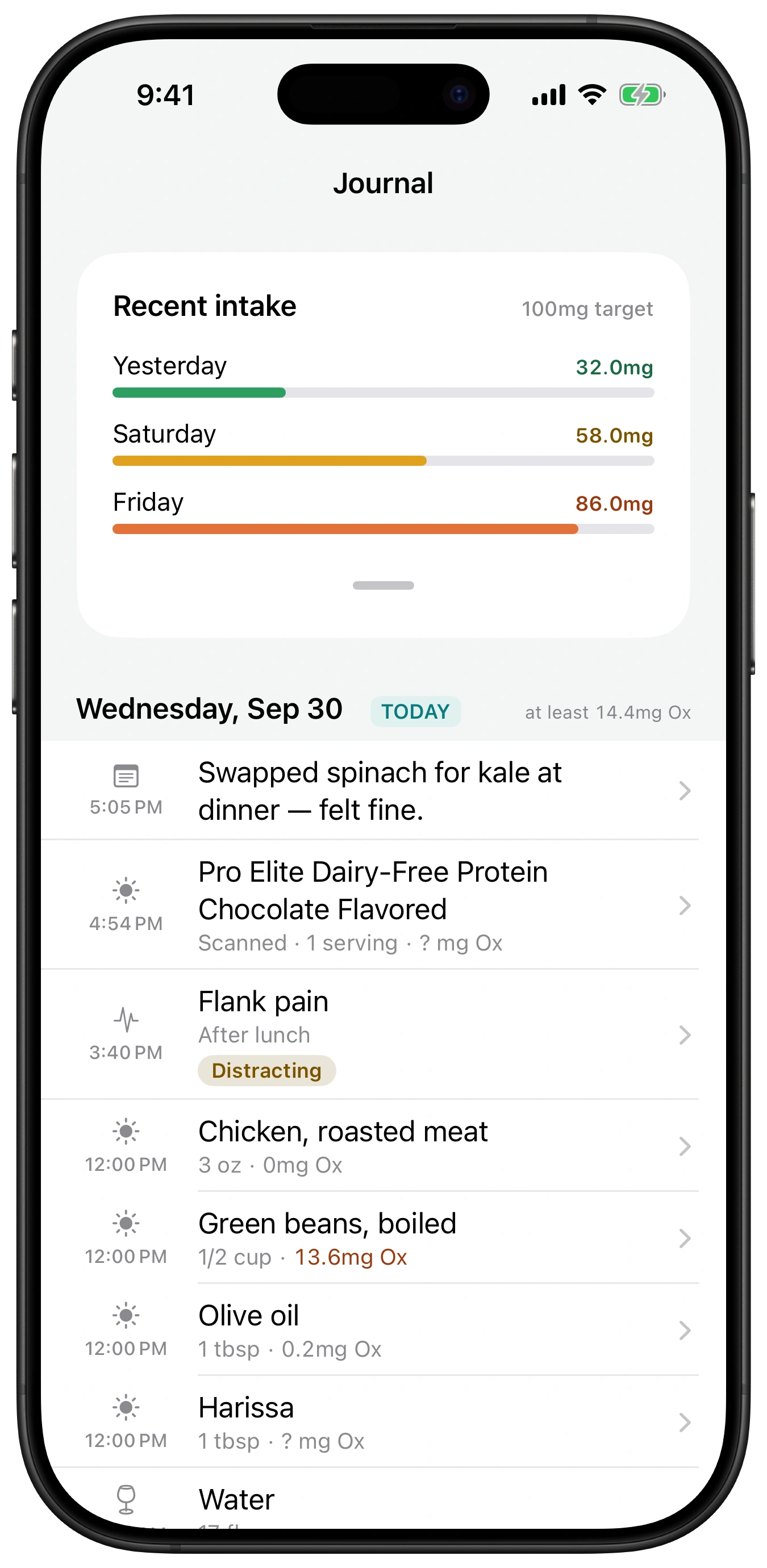 The Journal: Wednesday, Sep 30, at least 14.4 milligrams of oxalate, with a note, a symptom rated Distracting, lunch of roasted chicken at 0 milligrams, boiled green beans at 13.6 and olive oil at 0.2, untested harissa, and a water entry, all on one timeline.