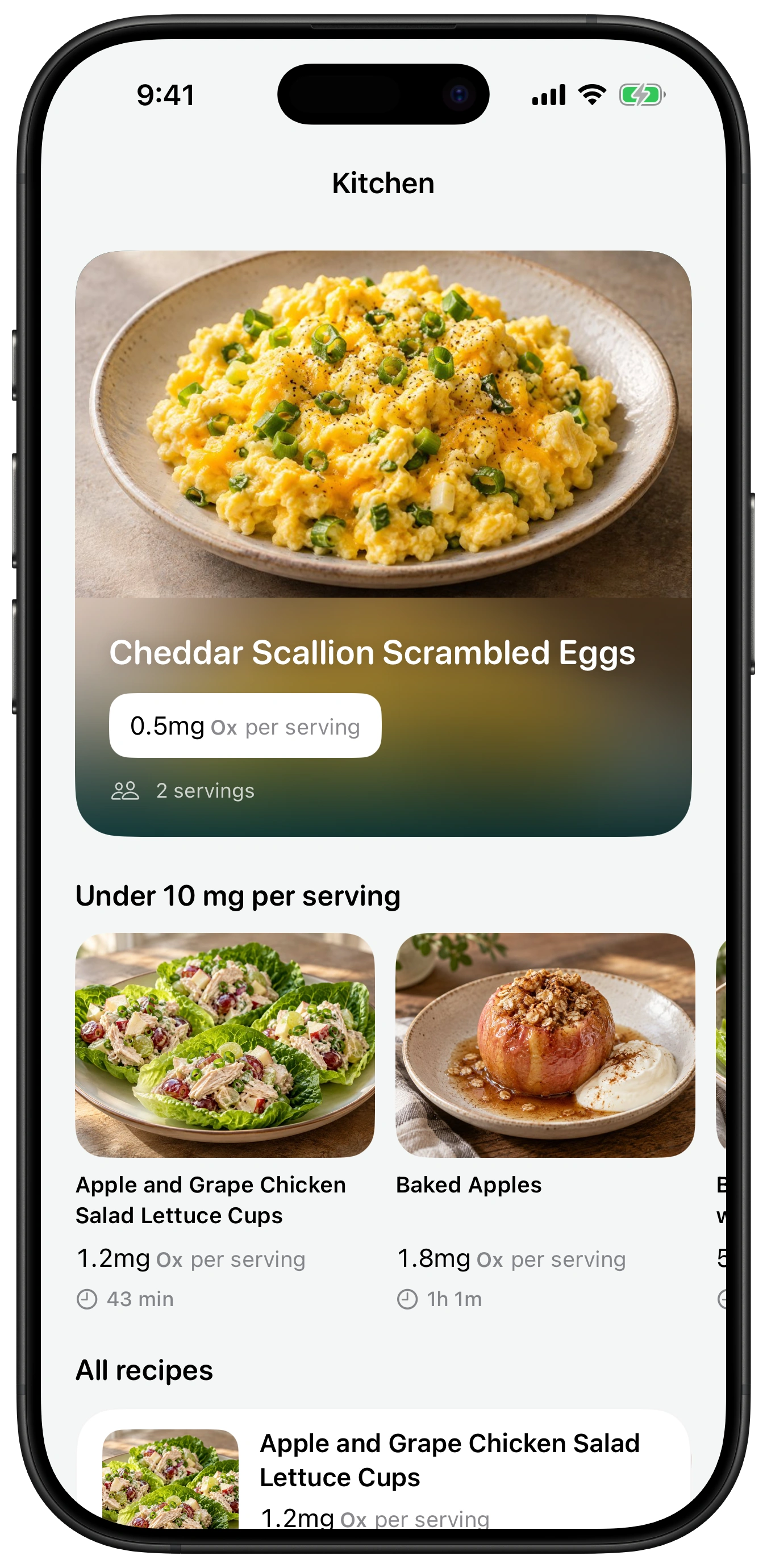 Kitchen's recipes: Cheddar Scallion Scrambled Eggs at 0.5 milligrams of oxalate per serving, above a rail headed Under 10 mg per serving.