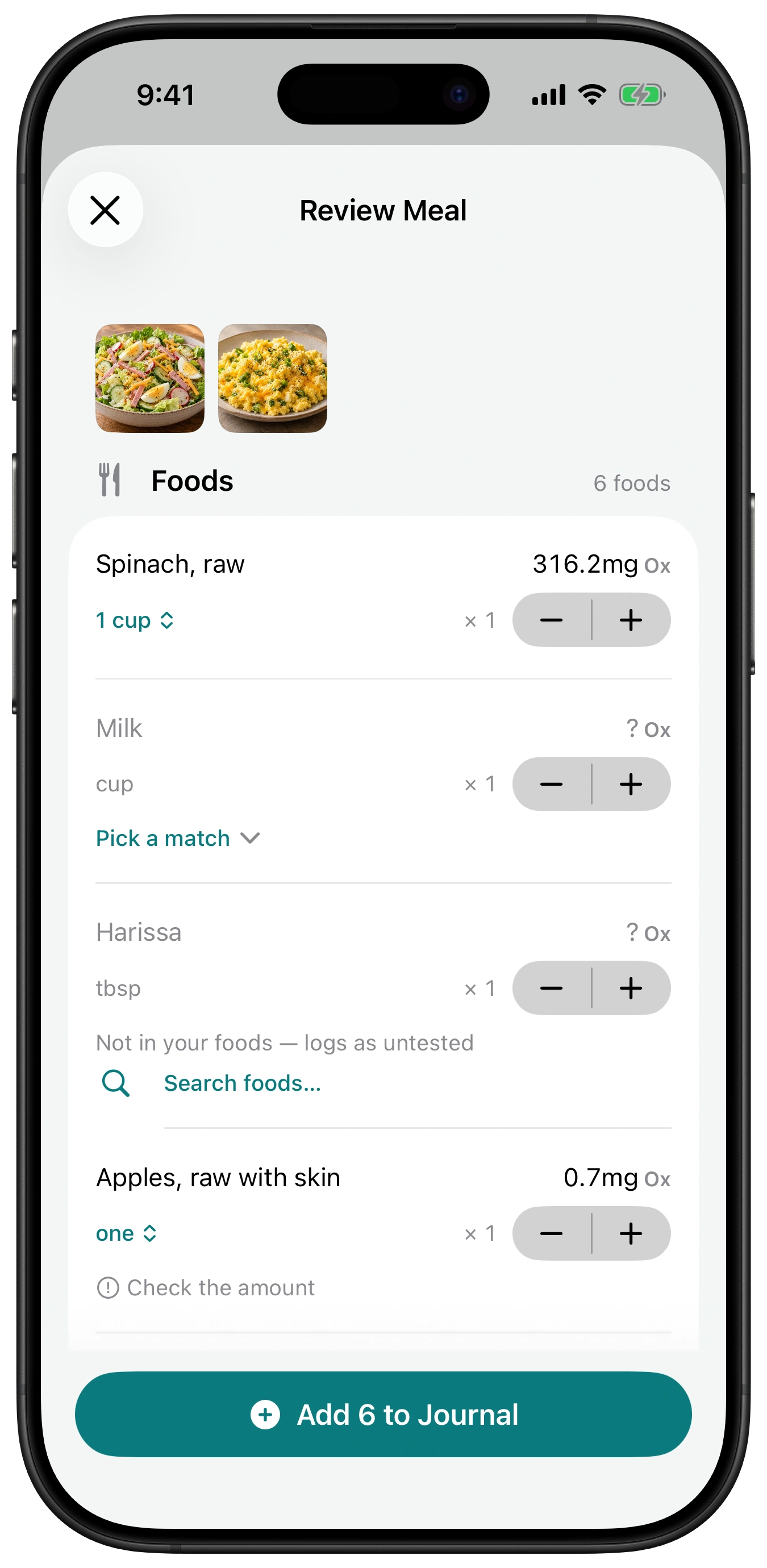Review Meal after a photo: six foods found, raw spinach matched to Harvard's 316.2 milligrams for a cup, milk waiting for the user to pick a match, harissa marked not in your foods and logging as untested, and an apple at 0.7 milligrams.